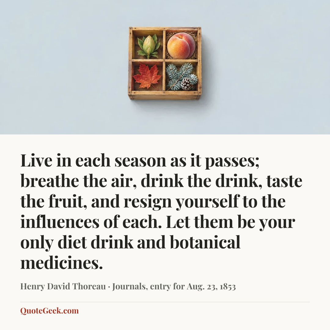 “Live in each season as it passes; breathe the air, drink the drink, taste the fruit, and resign yourself to the influences of each. Let them be your only diet drink and botanical medicines.” — Henry David Thoreau · Journals, entry for Aug. 23, 1853. Illustrated QuoteGeek card.