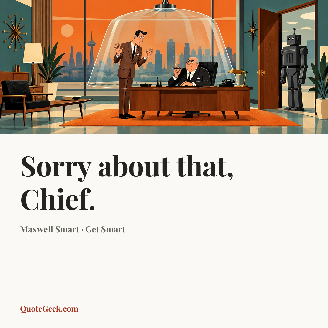 “Sorry about that, Chief.” — Maxwell Smart · Get Smart. Illustrated QuoteGeek card.