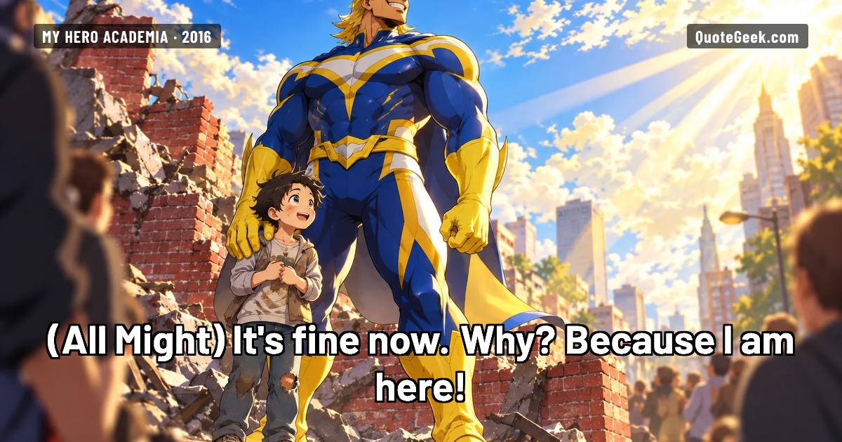 “It's fine now. Why? Because I am here!” — All Might · My Hero Academia. Illustrated QuoteGeek card.