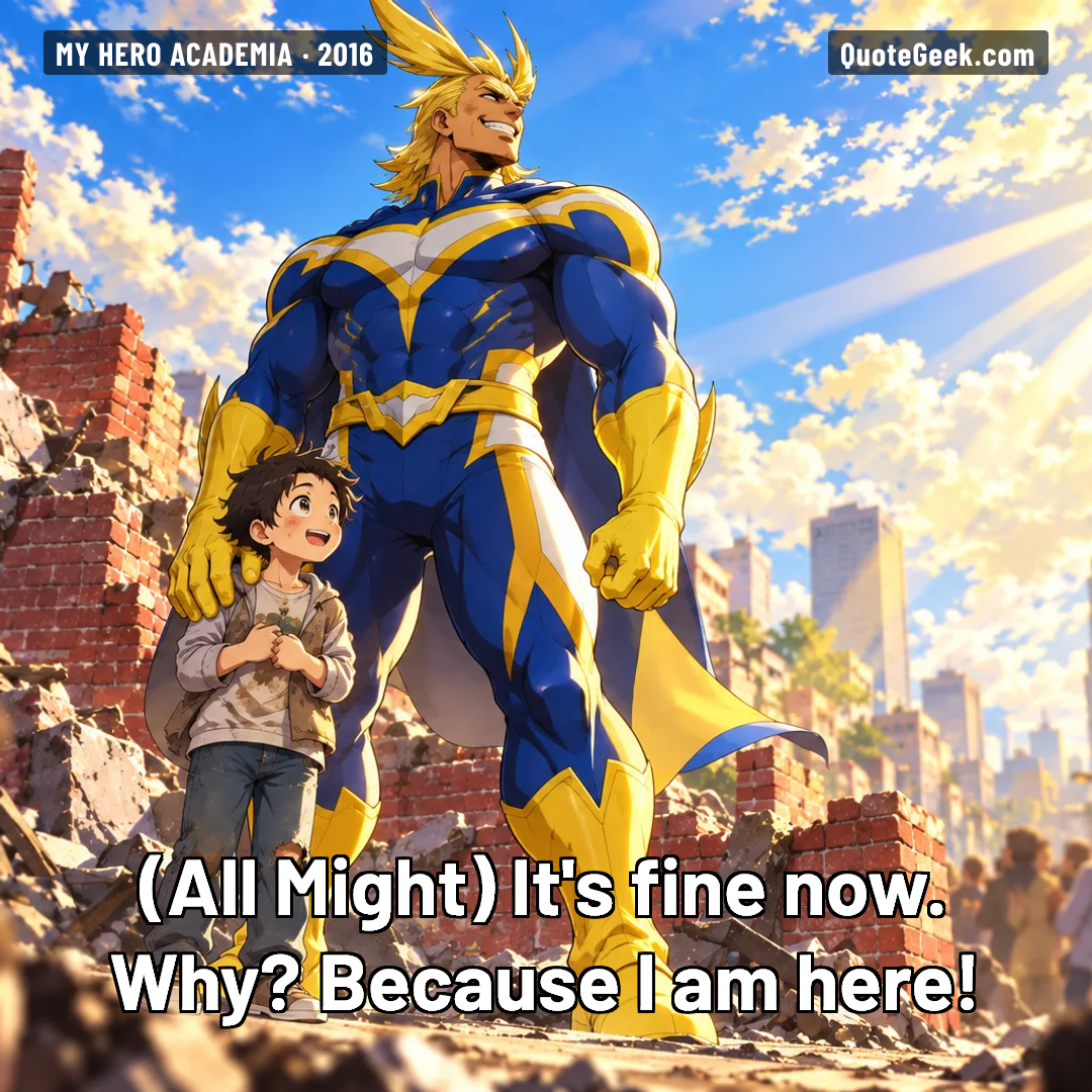 “It's fine now. Why? Because I am here!” — All Might · My Hero Academia. Illustrated QuoteGeek card.