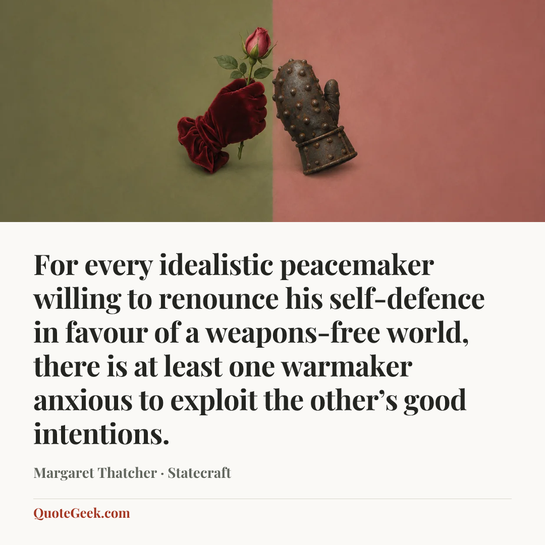“For every idealistic peacemaker willing to renounce his self-defence in favour of a weapons-free world, there is at least one warmaker anxious to exploit the other’s good intentions.” — Margaret Thatcher · Statecraft. Illustrated QuoteGeek card.