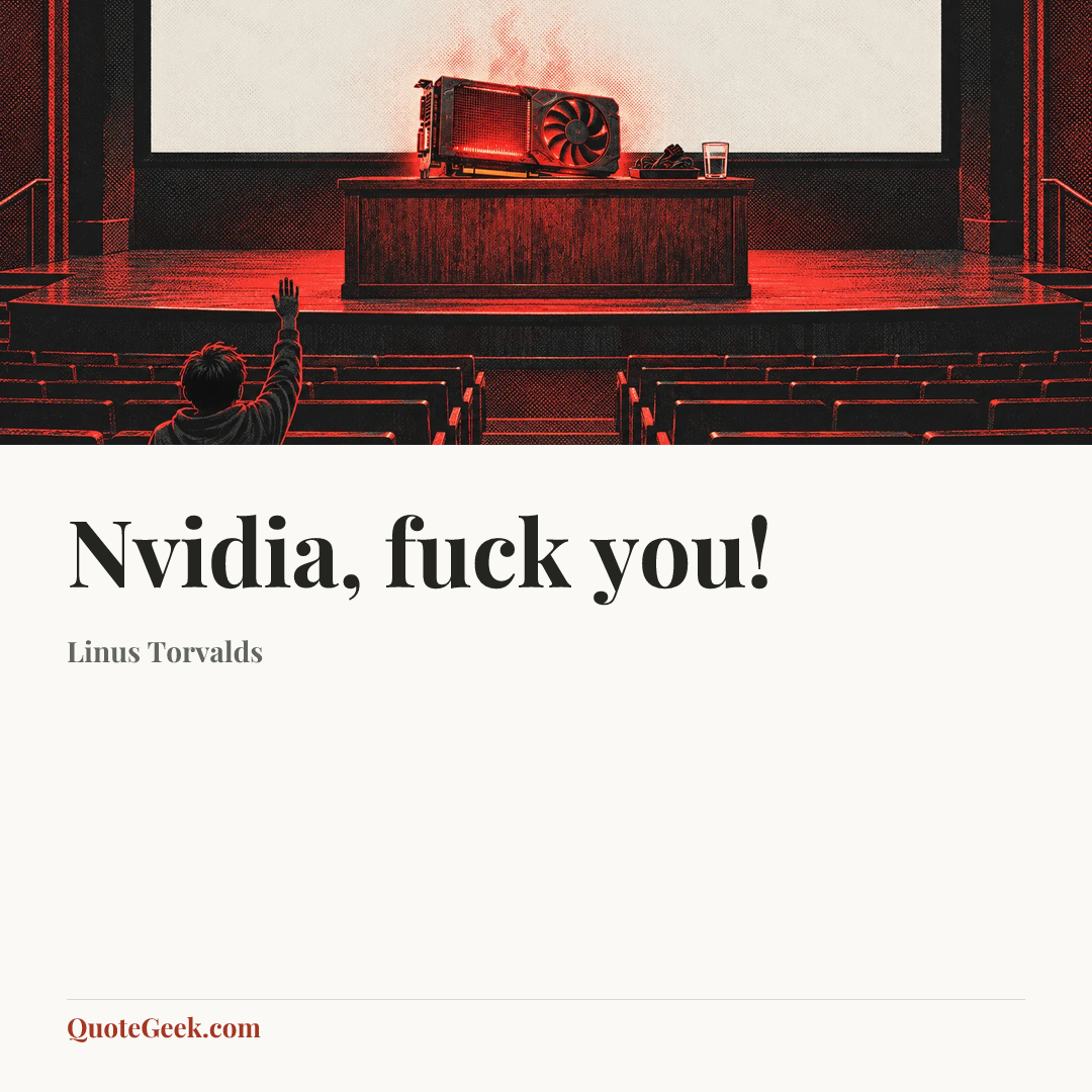 “Nvidia, fuck you!” — Linus Torvalds. Illustrated QuoteGeek card.