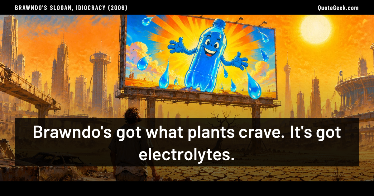 “Brawndo's got what plants crave. It's got electrolytes.” — Brawndo's slogan, Idiocracy (2006). Illustrated QuoteGeek card.