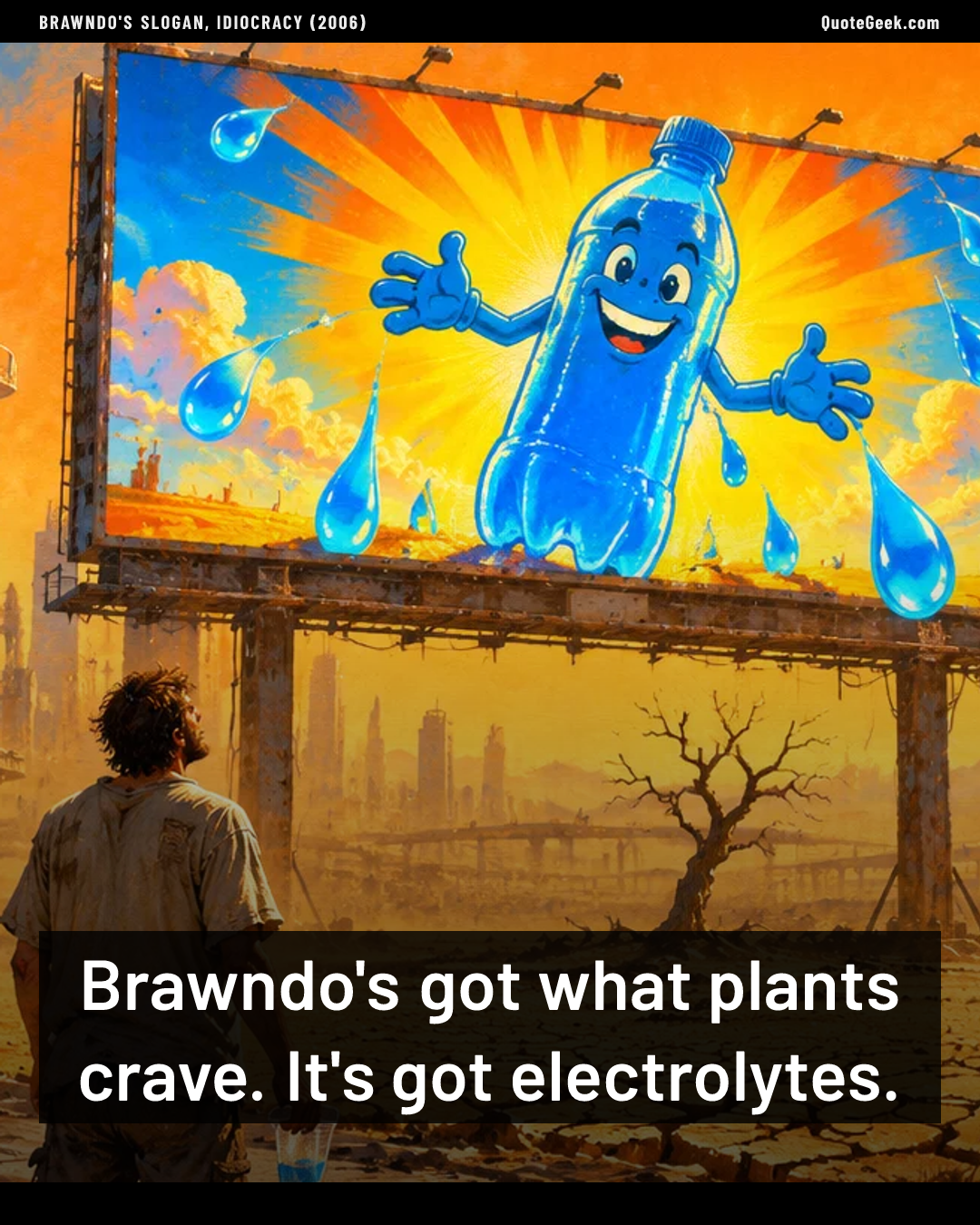 “Brawndo's got what plants crave. It's got electrolytes.” — Brawndo's slogan, Idiocracy (2006). Illustrated QuoteGeek card.