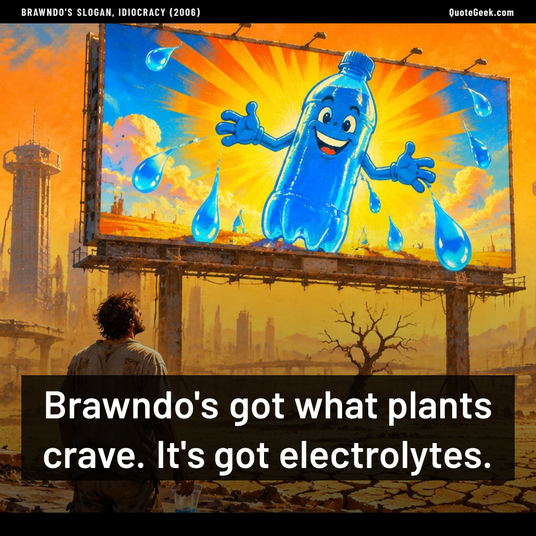 “Brawndo's got what plants crave. It's got electrolytes.” — Brawndo's slogan, Idiocracy (2006). Illustrated QuoteGeek card.