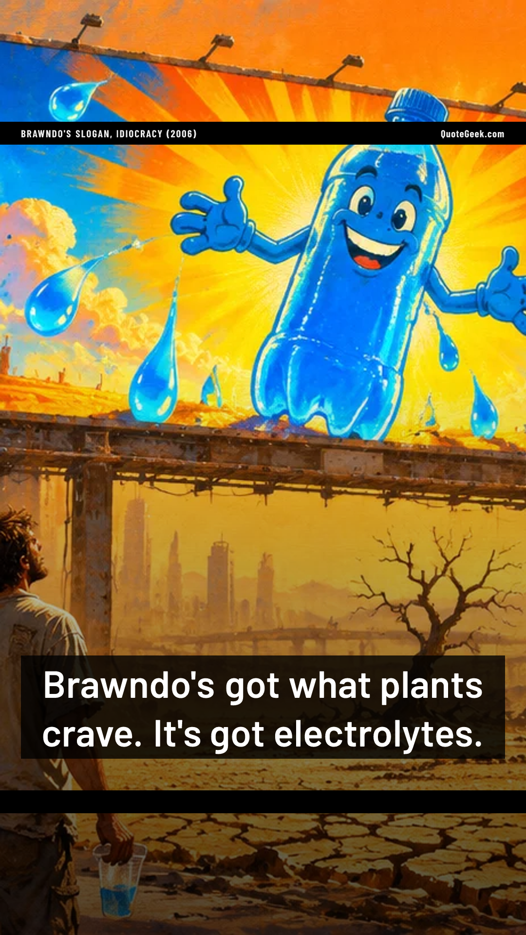 “Brawndo's got what plants crave. It's got electrolytes.” — Brawndo's slogan, Idiocracy (2006). Illustrated QuoteGeek card.