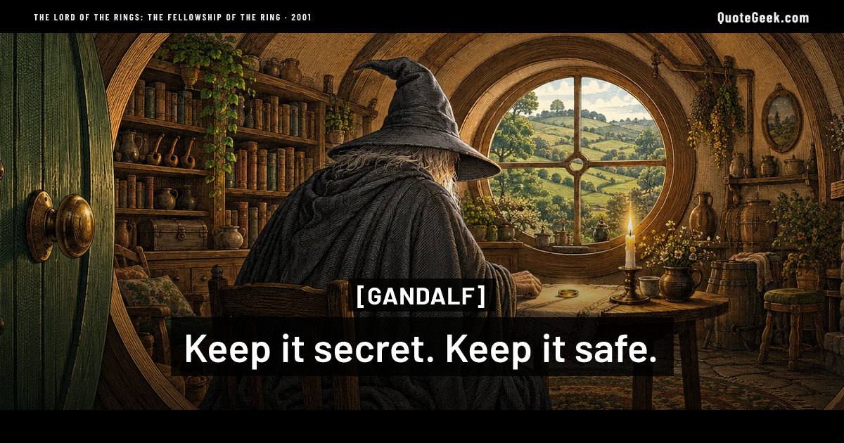“Keep it secret. Keep it safe.” — Gandalf · The Lord of the Rings: The Fellowship of the Ring. Illustrated QuoteGeek card.