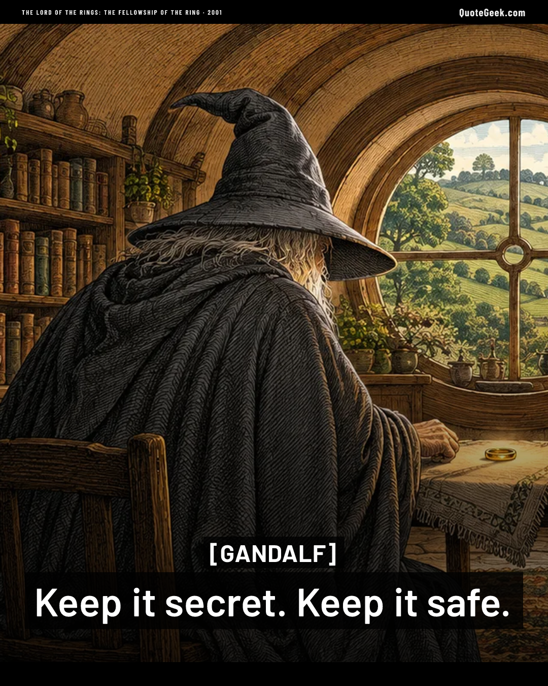 “Keep it secret. Keep it safe.” — Gandalf · The Lord of the Rings: The Fellowship of the Ring. Illustrated QuoteGeek card.