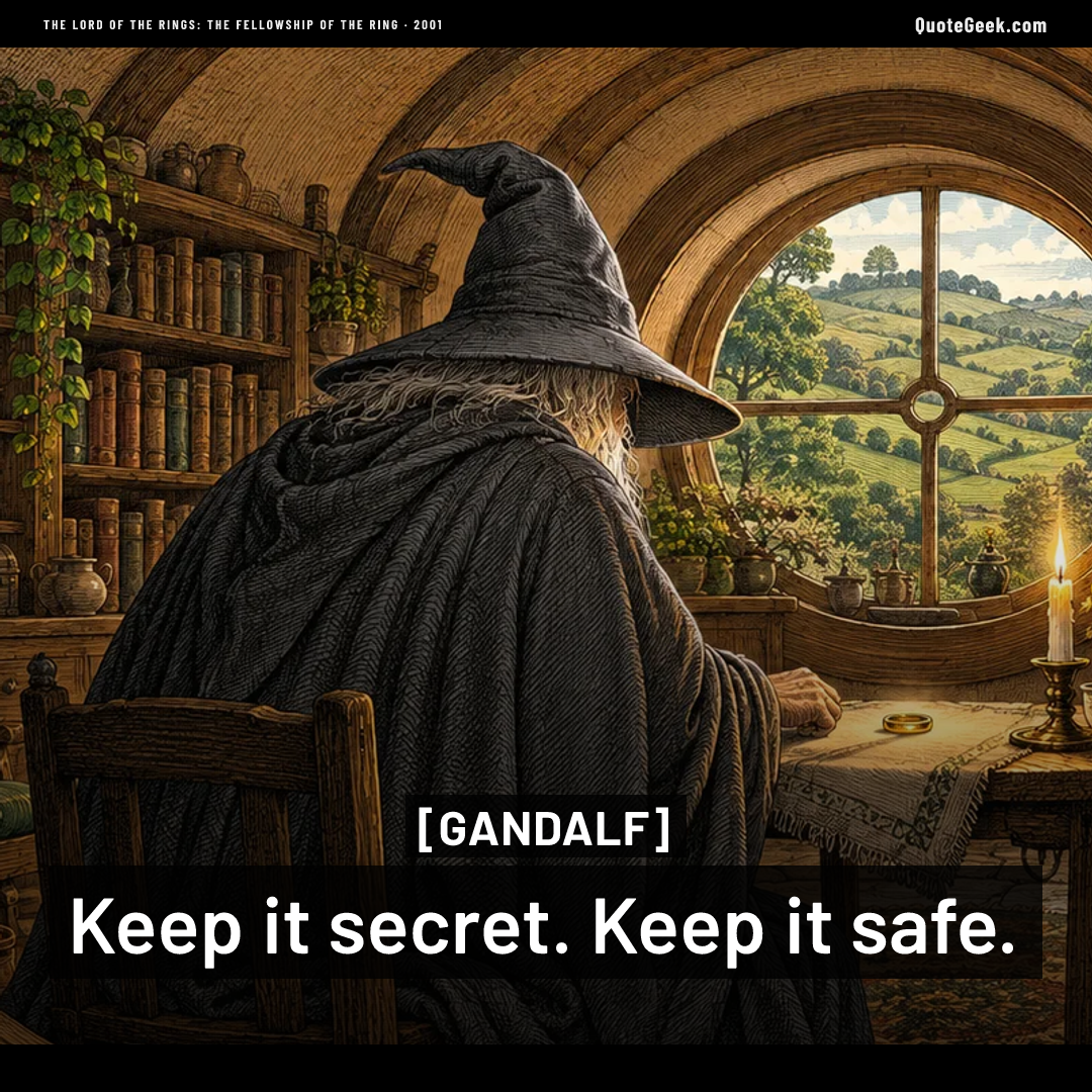 “Keep it secret. Keep it safe.” — Gandalf · The Lord of the Rings: The Fellowship of the Ring. Illustrated QuoteGeek card.