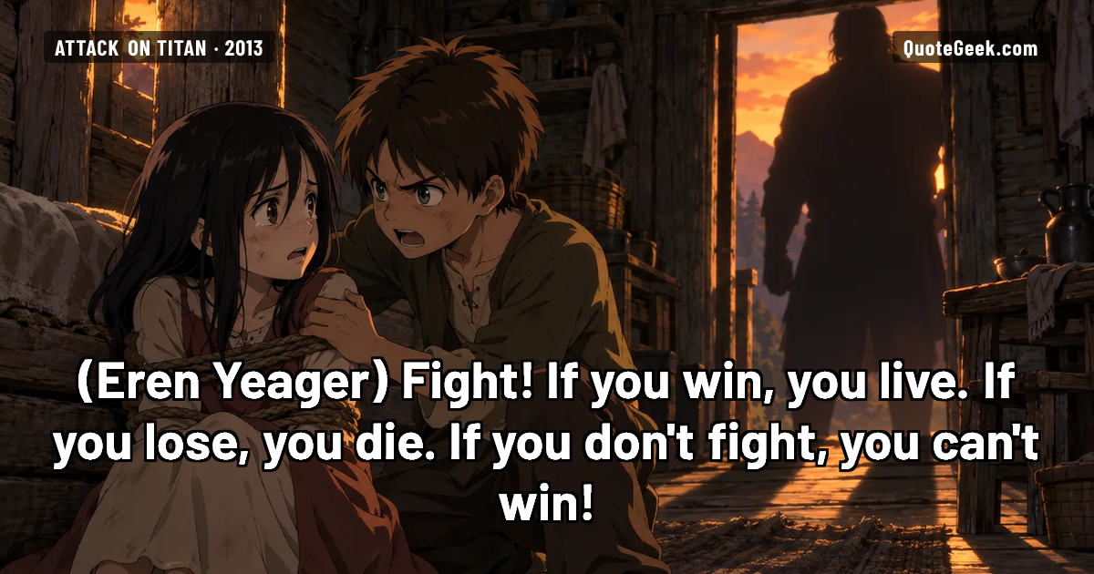 “Fight! If you win, you live. If you lose, you die. If you don't fight, you can't win!” — Eren Yeager · Attack on Titan. Illustrated QuoteGeek card.