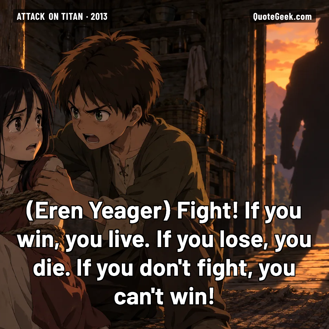 “Fight! If you win, you live. If you lose, you die. If you don't fight, you can't win!” — Eren Yeager · Attack on Titan. Illustrated QuoteGeek card.