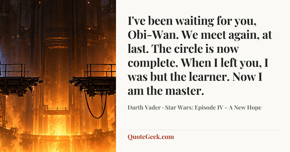 “I've been waiting for you, Obi-Wan. We meet again, at last. The circle is now complete. When I left you, I was but the learner. Now I am the master.” — Darth Vader · Star Wars: Episode IV - A New Hope. Illustrated QuoteGeek card.