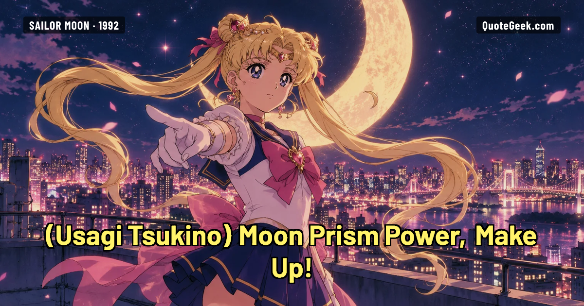 “Moon Prism Power, Make Up!” — Usagi Tsukino · Sailor Moon. Illustrated QuoteGeek card.