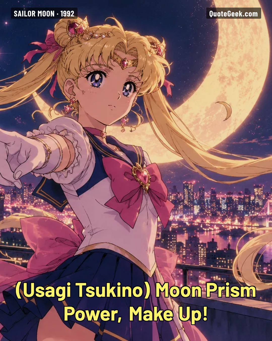 “Moon Prism Power, Make Up!” — Usagi Tsukino · Sailor Moon. Illustrated QuoteGeek card.