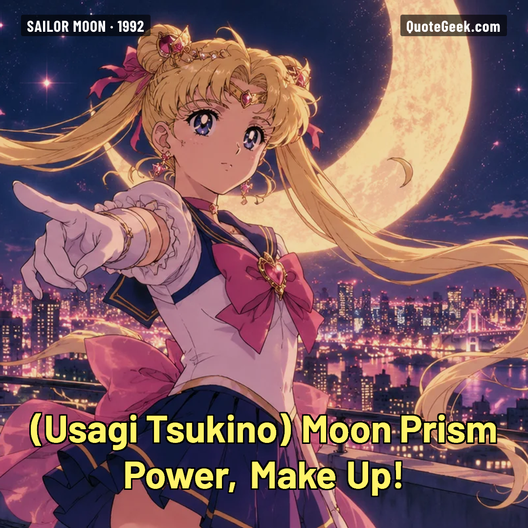 “Moon Prism Power, Make Up!” — Usagi Tsukino · Sailor Moon. Illustrated QuoteGeek card.