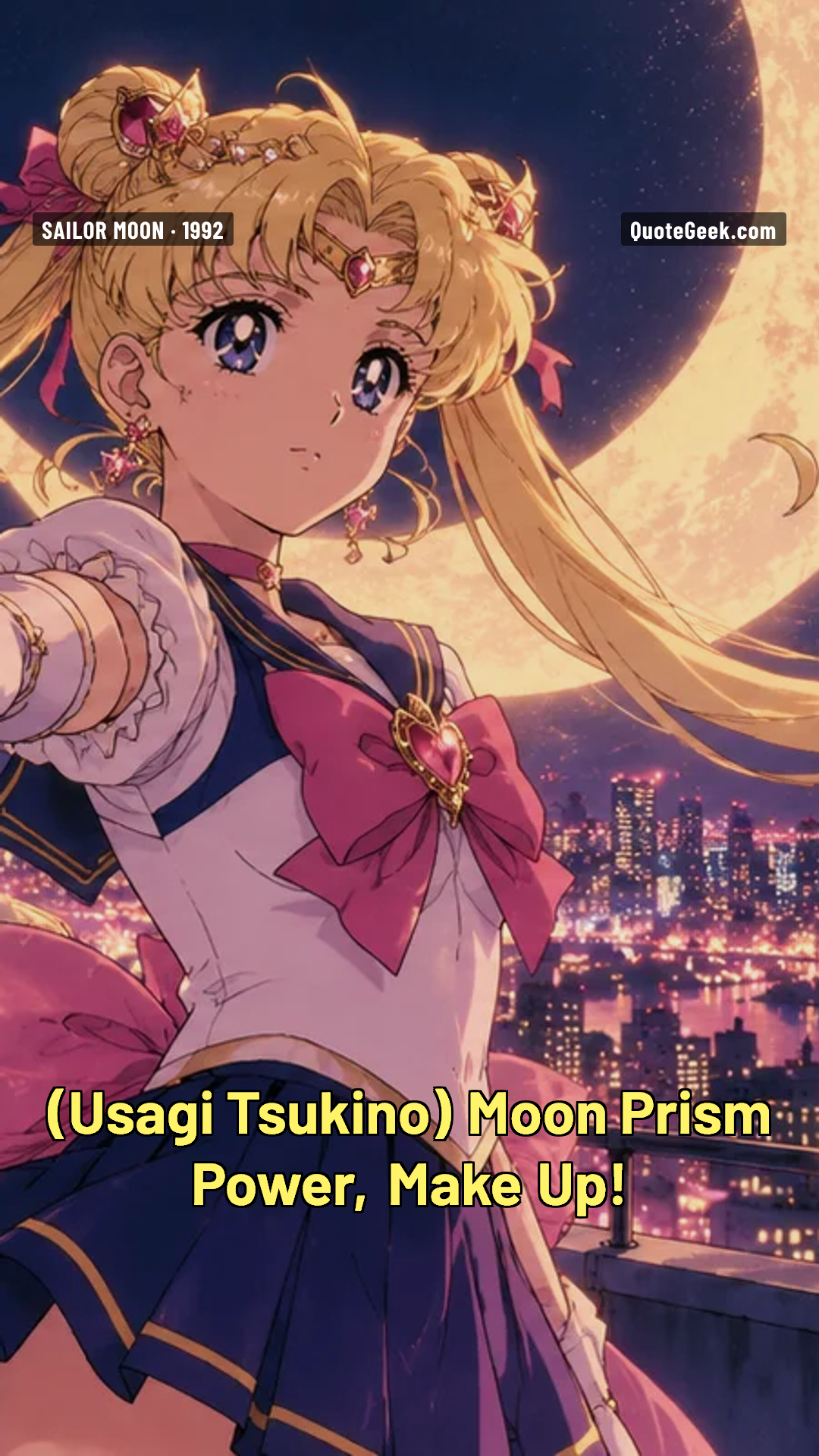 “Moon Prism Power, Make Up!” — Usagi Tsukino · Sailor Moon. Illustrated QuoteGeek card.