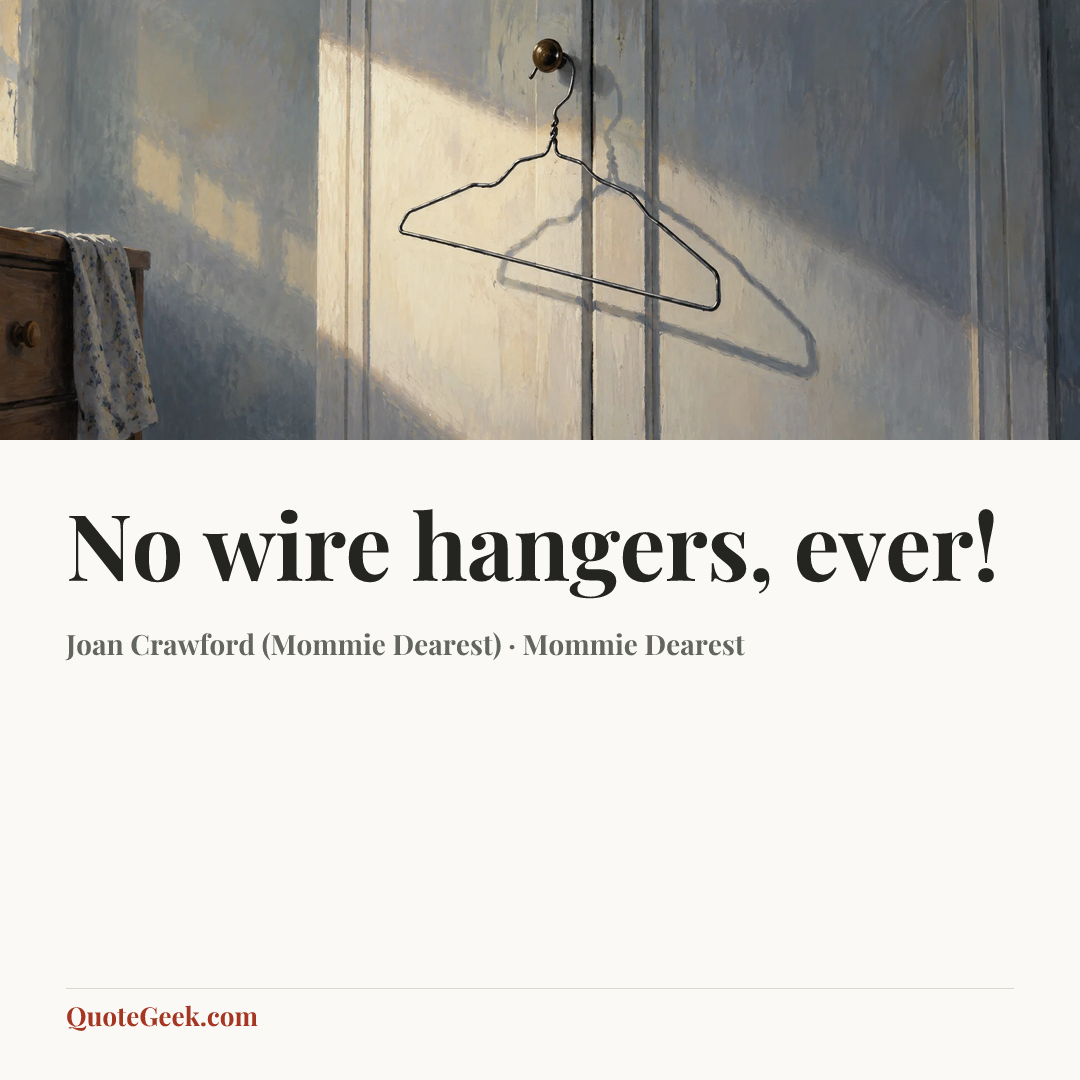 “No wire hangers, ever!” — Joan Crawford (Mommie Dearest) · Mommie Dearest. Illustrated QuoteGeek card.