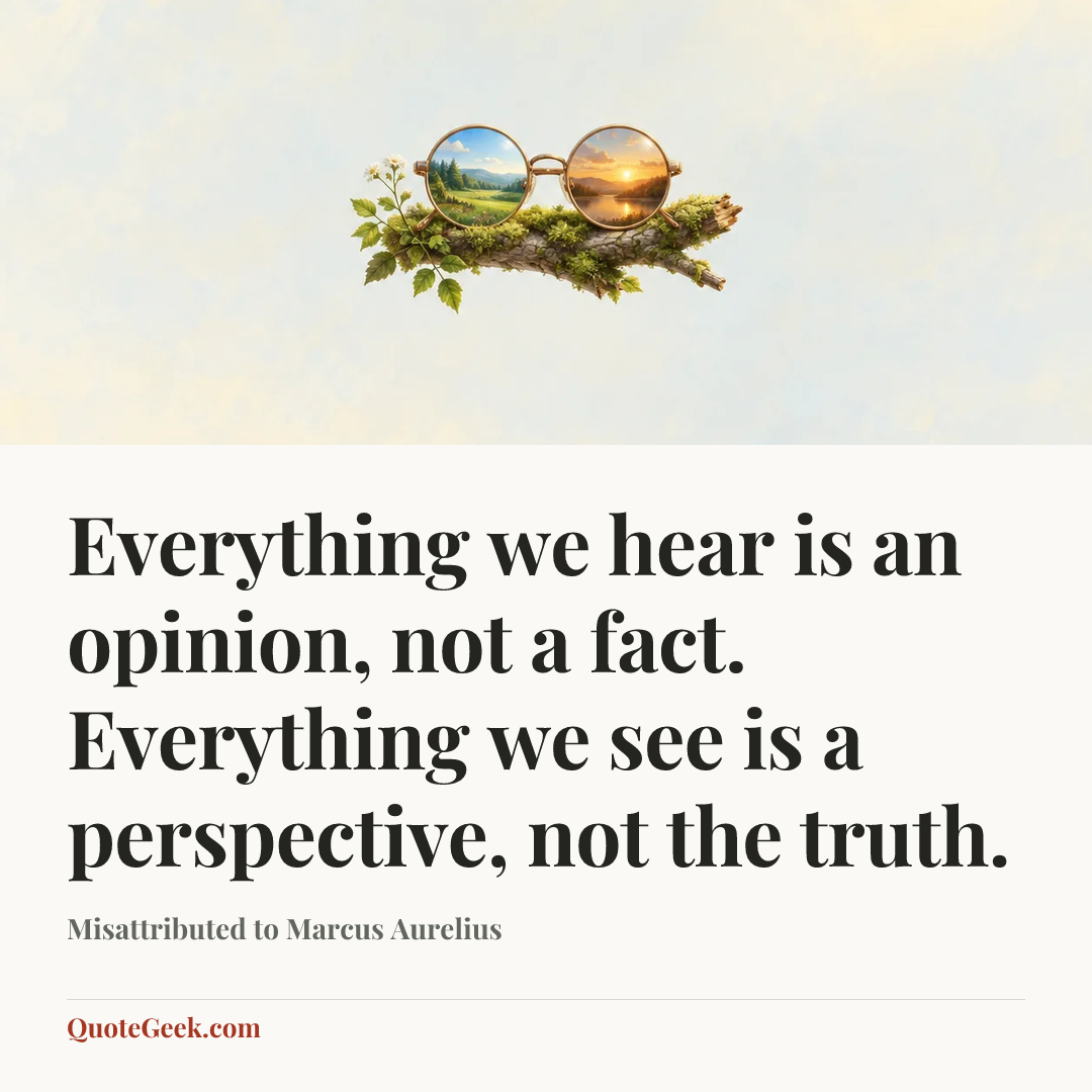“Everything we hear is an opinion, not a fact. Everything we see is a perspective, not the truth.” — Misattributed to Marcus Aurelius. Illustrated QuoteGeek card.