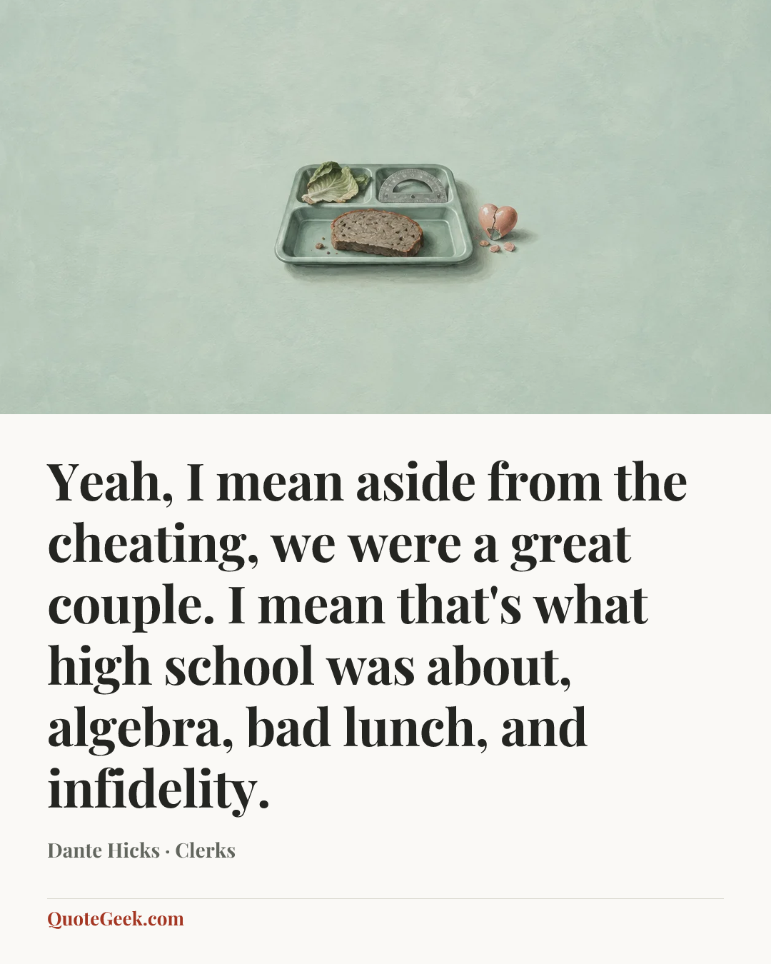 “Yeah, I mean aside from the cheating, we were a great couple. I mean that's what high school was about, algebra, bad lunch, and infidelity.” — Dante Hicks · Clerks. Illustrated QuoteGeek card.