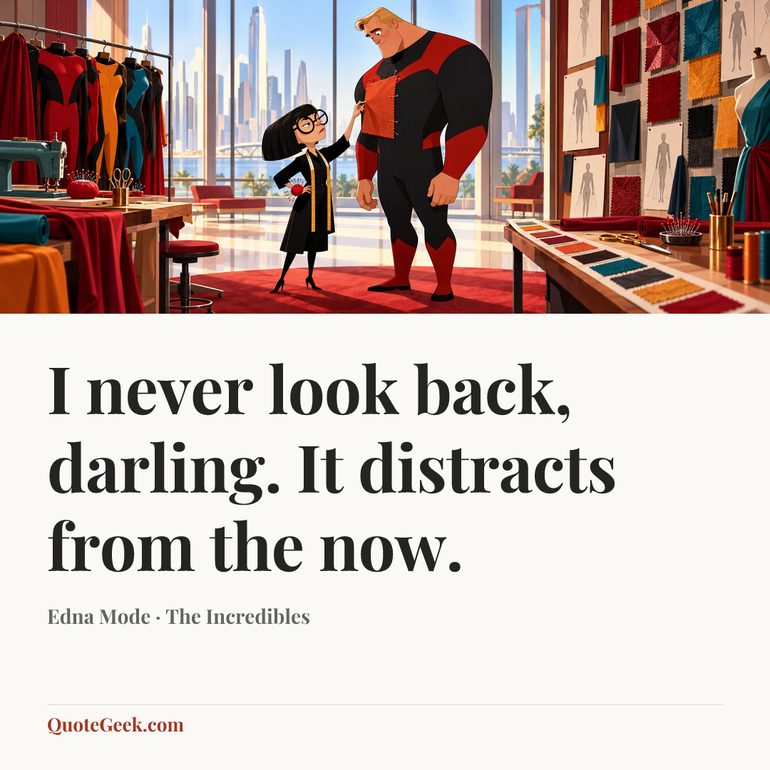 “I never look back, darling. It distracts from the now.” — Edna Mode · The Incredibles. Illustrated QuoteGeek card.