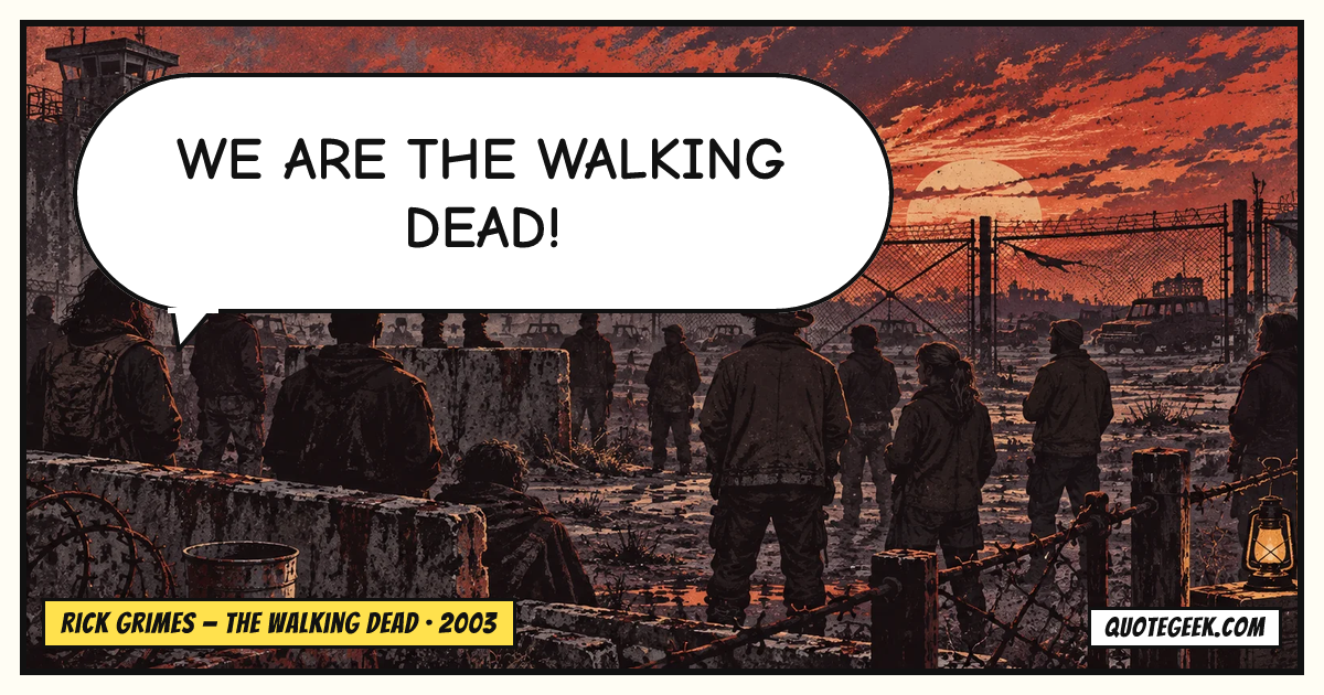 “We are the walking dead!” — Rick Grimes · The Walking Dead. Illustrated QuoteGeek card.
