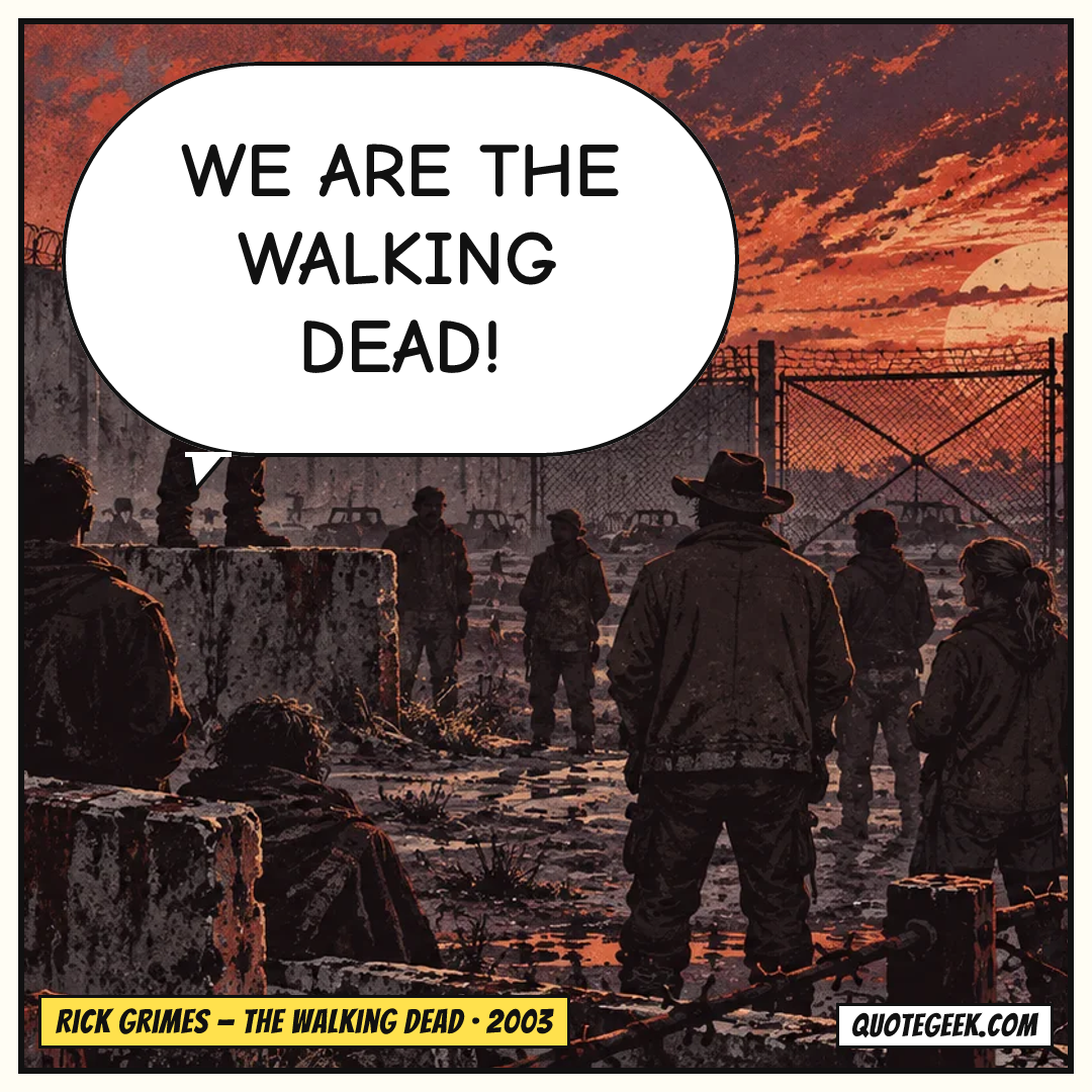 “We are the walking dead!” — Rick Grimes · The Walking Dead. Illustrated QuoteGeek card.