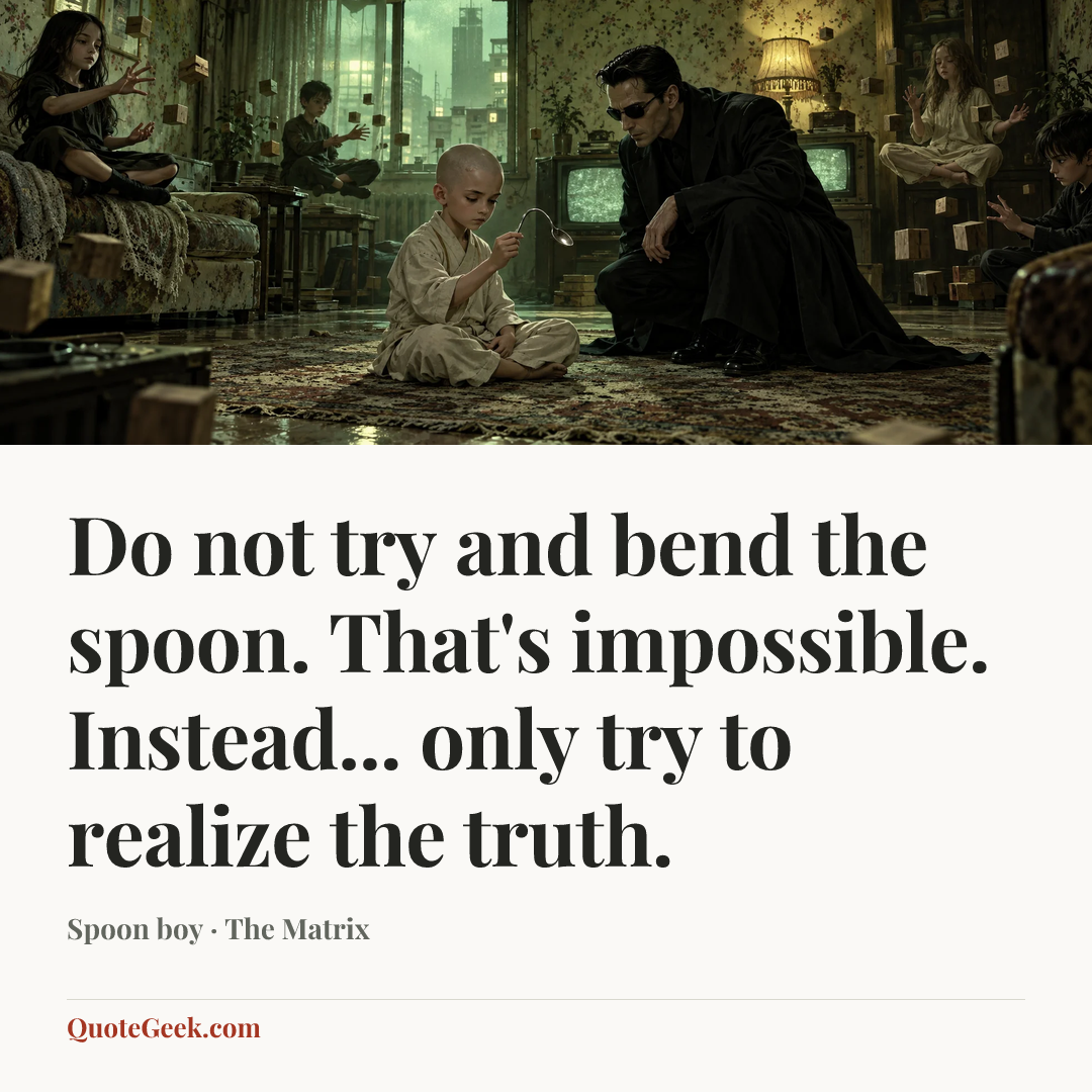 “Do not try and bend the spoon. That's impossible. Instead... only try to realize the truth.” — Spoon boy · The Matrix. Illustrated QuoteGeek card.