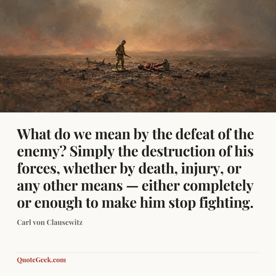 “What do we mean by the defeat of the enemy? Simply the destruction of his forces, whether by death, injury, or any other means — either completely or enough to make him stop fighting.” — Carl von Clausewitz. Illustrated QuoteGeek card.