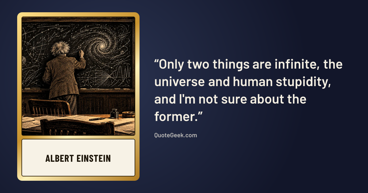 “Only two things are infinite, the universe and human stupidity, and I'm not sure about the former.” — Albert Einstein. Illustrated QuoteGeek card.