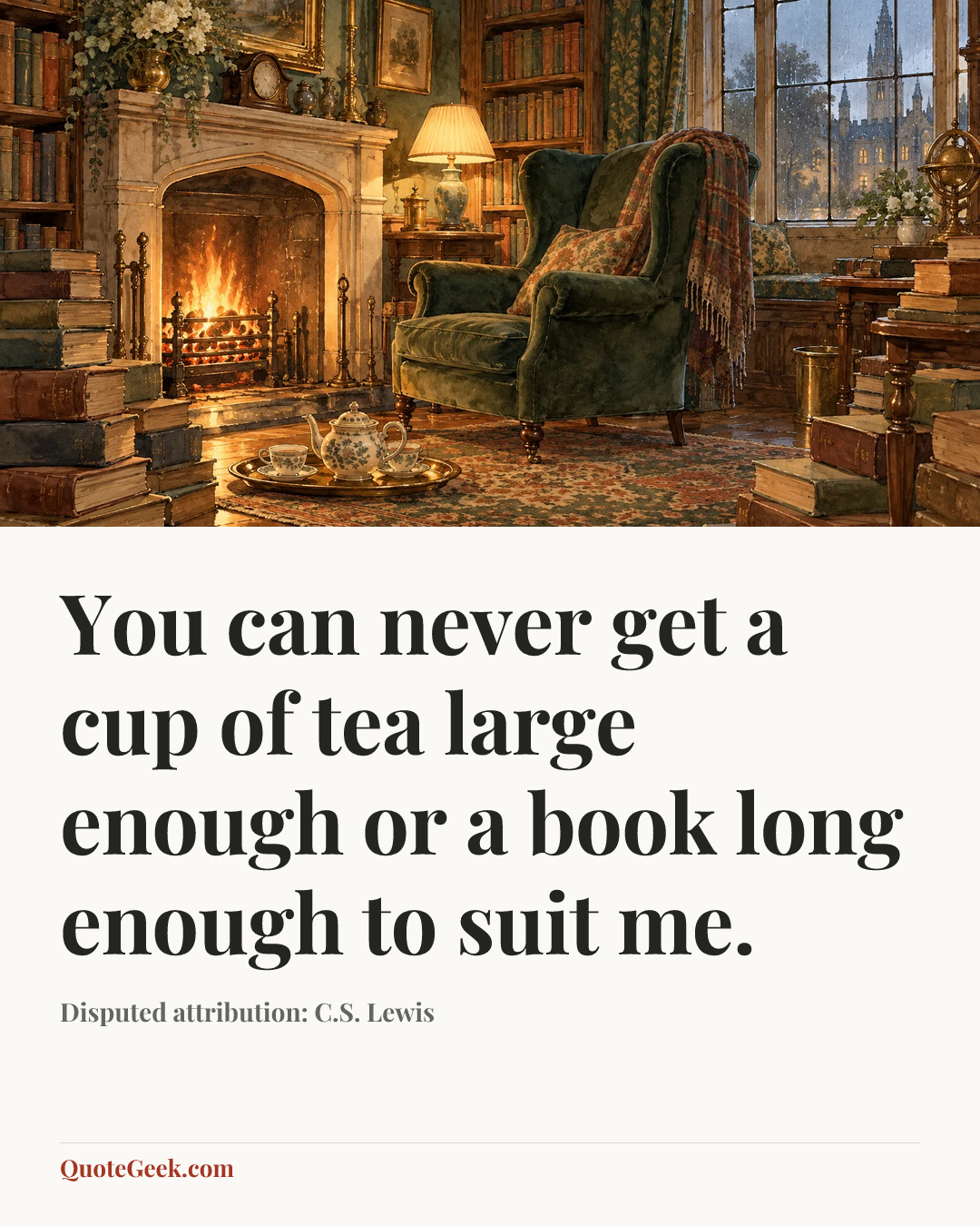 “You can never get a cup of tea large enough or a book long enough to suit me.” — Disputed attribution: C.S. Lewis. Illustrated QuoteGeek card.