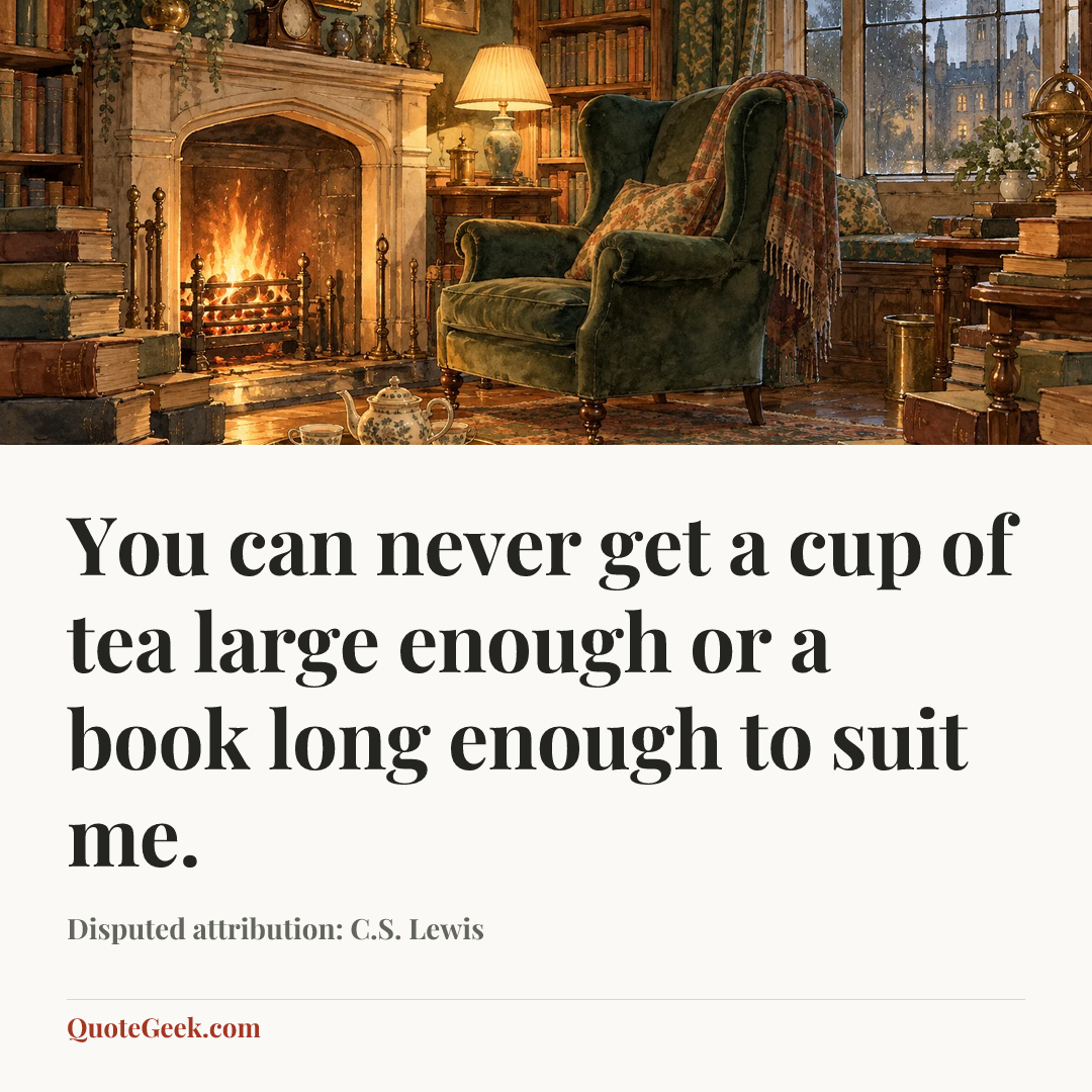 “You can never get a cup of tea large enough or a book long enough to suit me.” — Disputed attribution: C.S. Lewis. Illustrated QuoteGeek card.