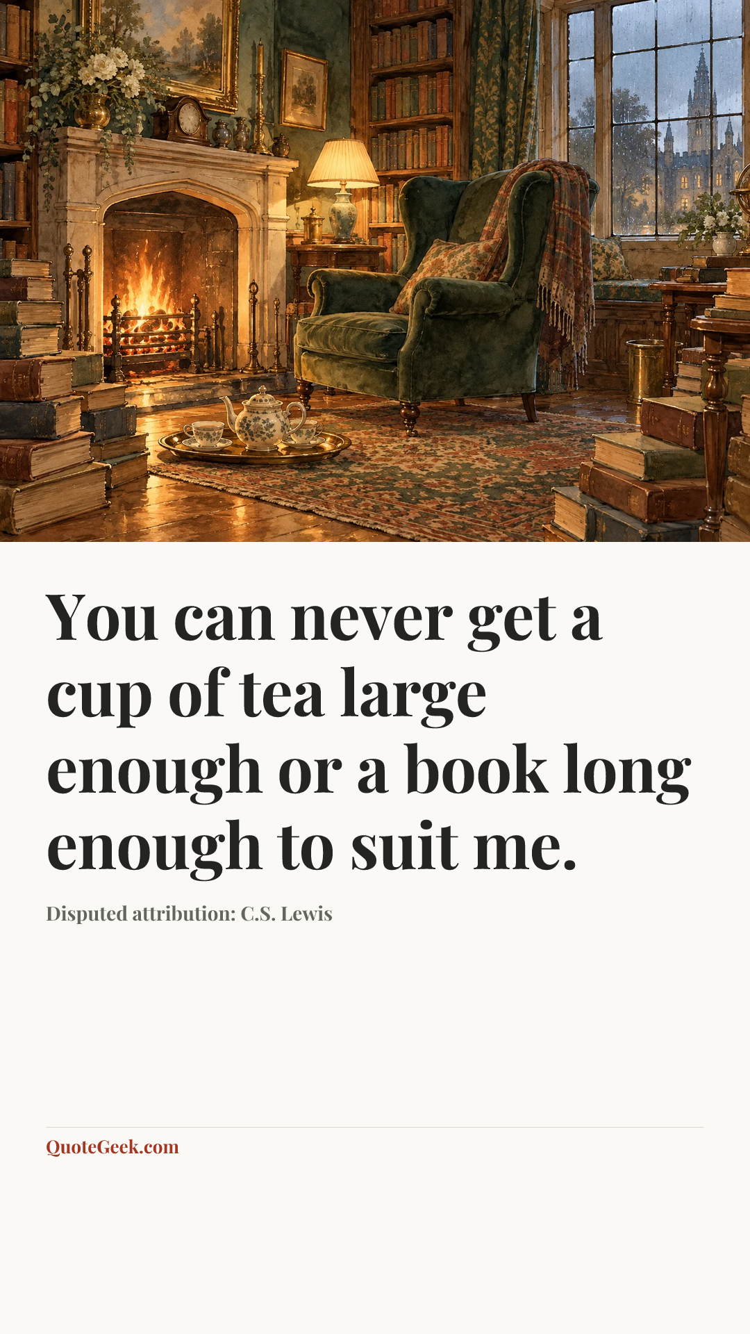 “You can never get a cup of tea large enough or a book long enough to suit me.” — Disputed attribution: C.S. Lewis. Illustrated QuoteGeek card.