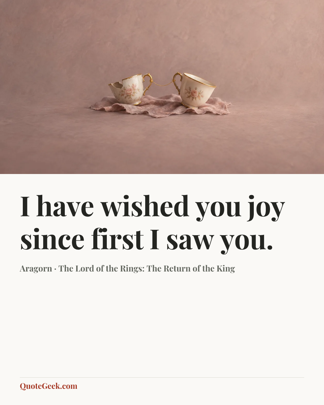 “I have wished you joy since first I saw you.” — Aragorn · The Lord of the Rings: The Return of the King. Illustrated QuoteGeek card.