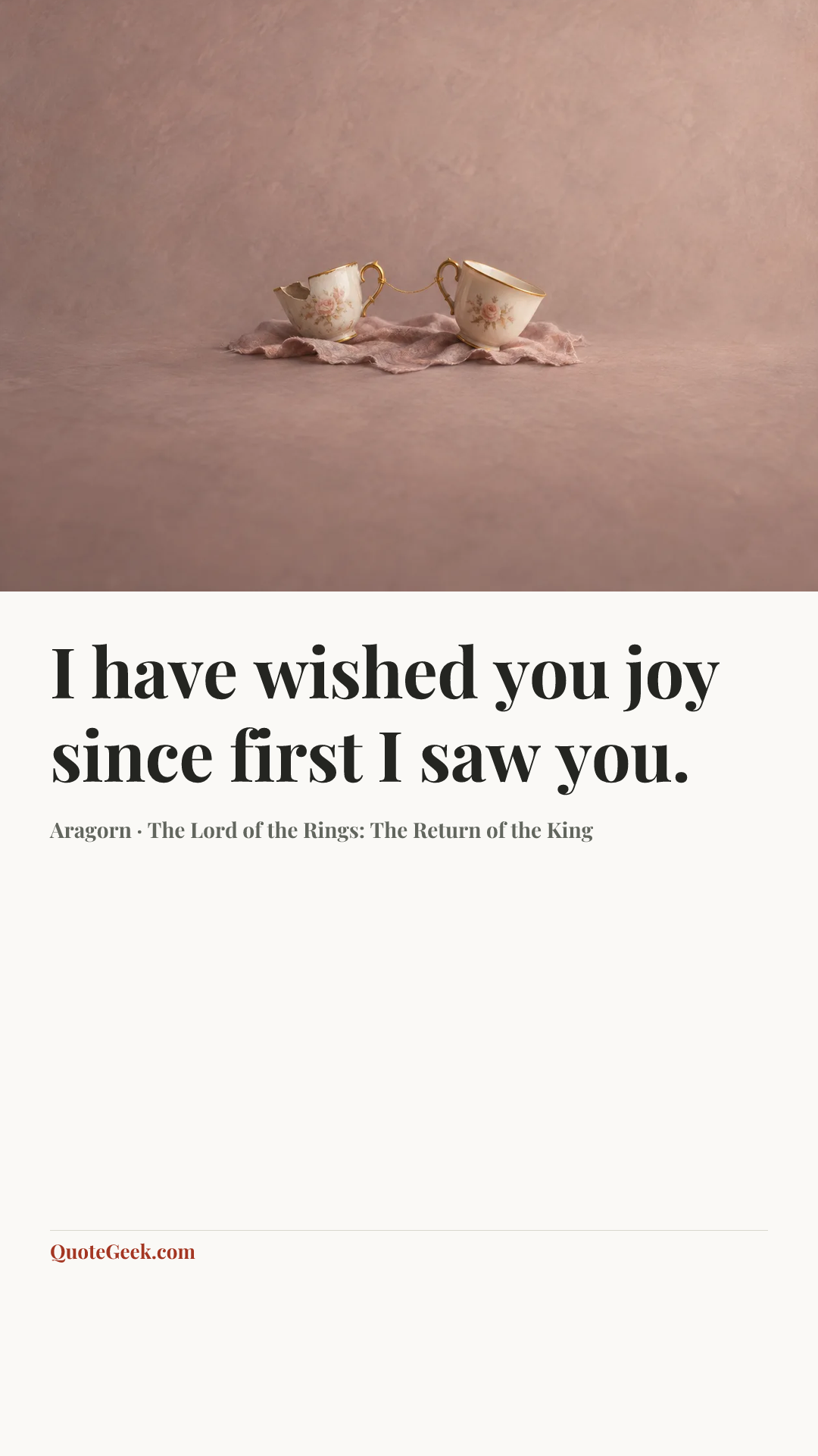 “I have wished you joy since first I saw you.” — Aragorn · The Lord of the Rings: The Return of the King. Illustrated QuoteGeek card.