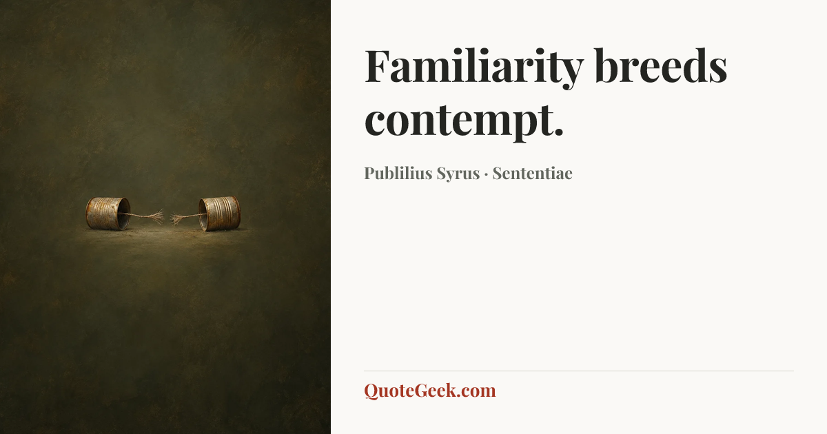 “Familiarity breeds contempt.” — Publilius Syrus · Sententiae. Illustrated QuoteGeek card.