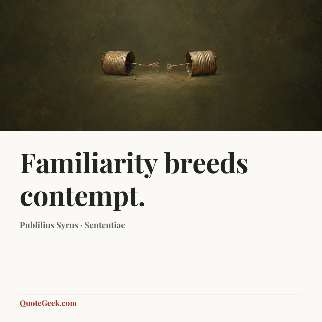 “Familiarity breeds contempt.” — Publilius Syrus · Sententiae. Illustrated QuoteGeek card.