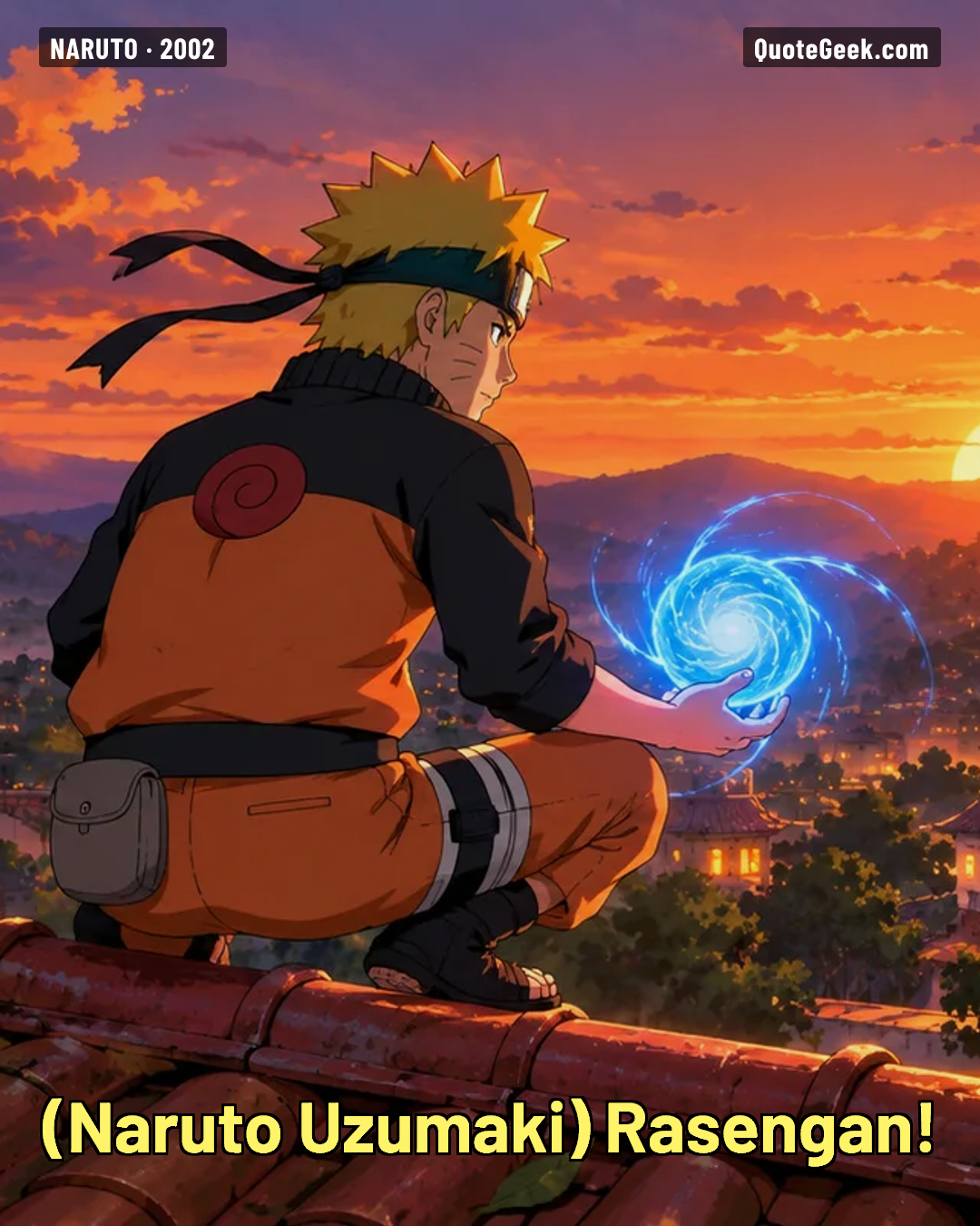 “Rasengan!” — Naruto Uzumaki · Naruto. Illustrated QuoteGeek card.