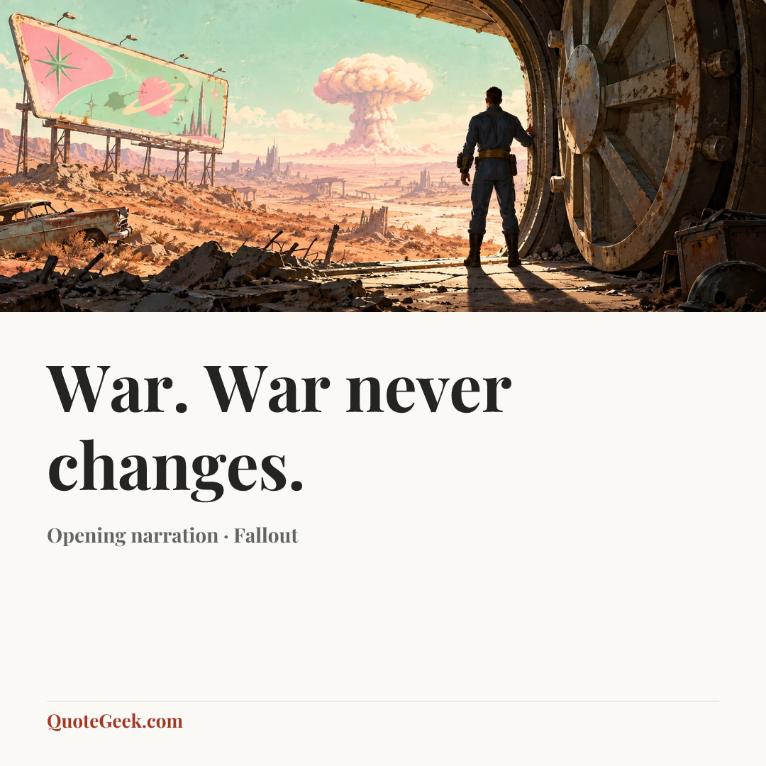 “War. War never changes.” — Opening narration · Fallout. Illustrated QuoteGeek card.