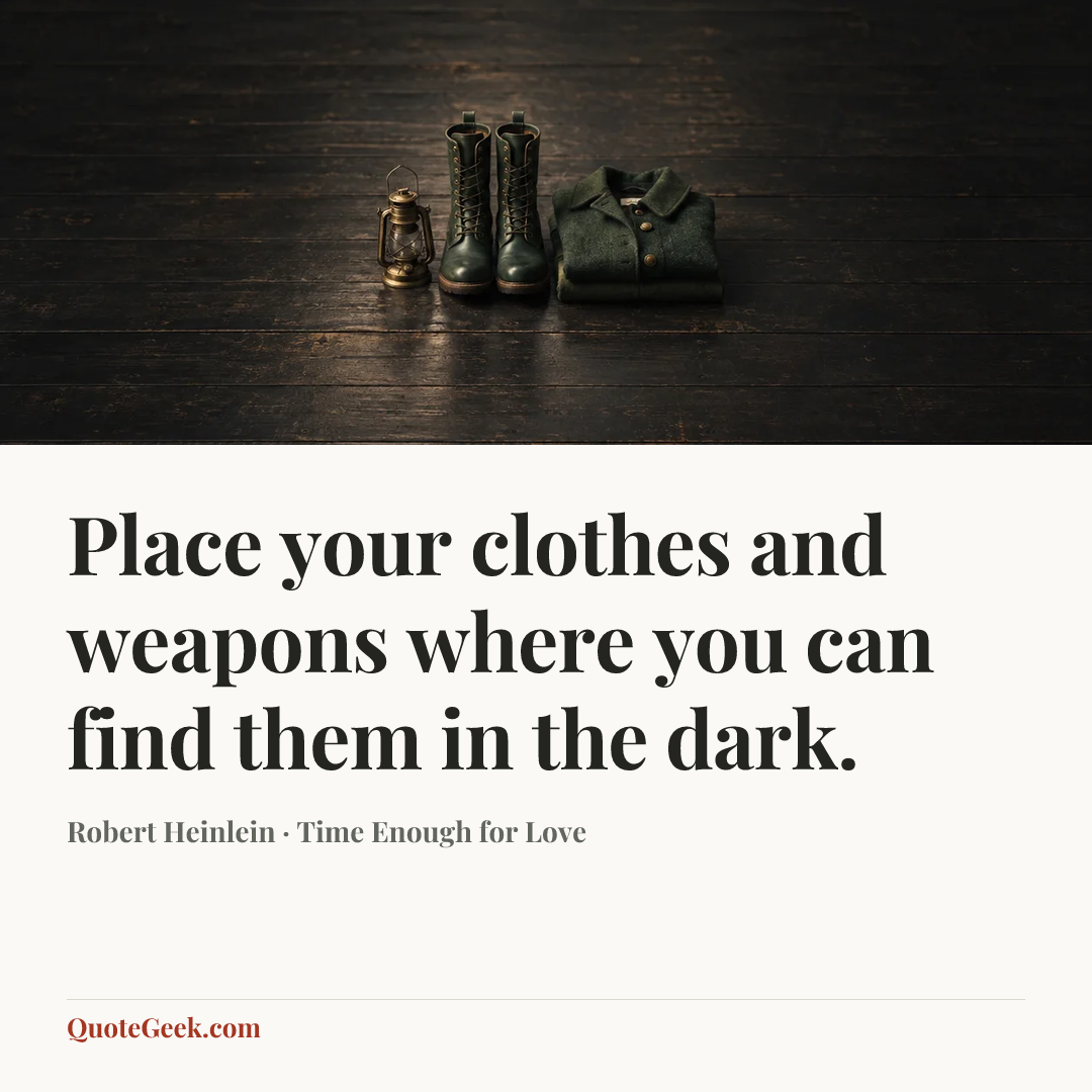 “Place your clothes and weapons where you can find them in the dark.” — Robert Heinlein · Time Enough for Love. Illustrated QuoteGeek card.