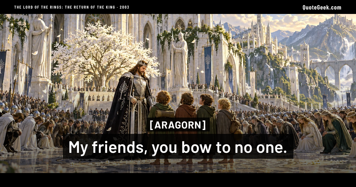 “My friends, you bow to no one.” — Aragorn · The Lord of the Rings: The Return of the King. Illustrated QuoteGeek card.