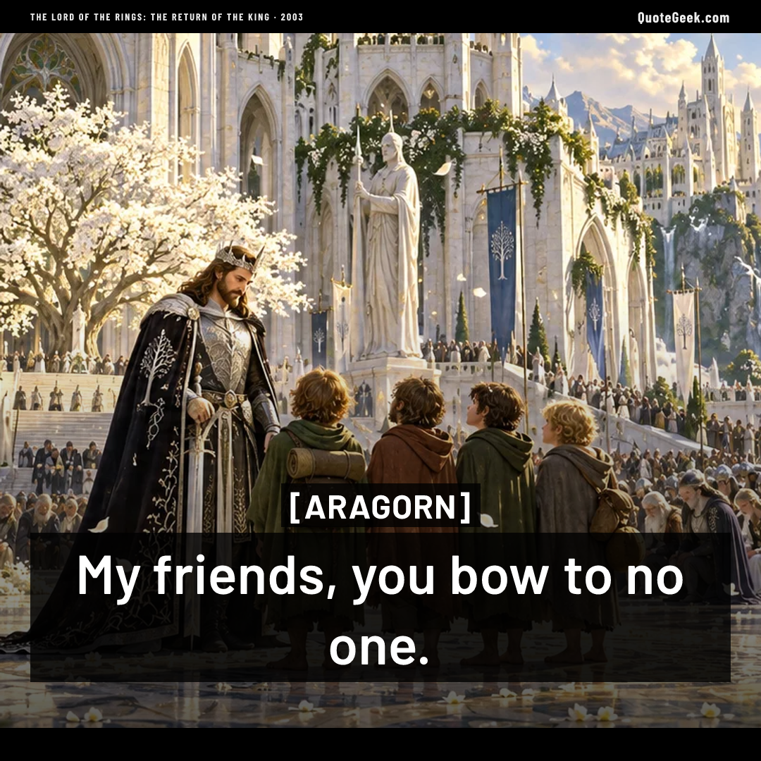 “My friends, you bow to no one.” — Aragorn · The Lord of the Rings: The Return of the King. Illustrated QuoteGeek card.