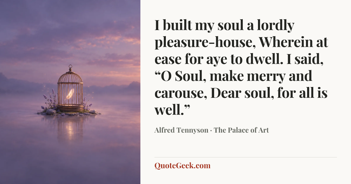 “I built my soul a lordly pleasure-house,
Wherein at ease for aye to dwell.
I said, “O Soul, make merry and carouse,
Dear soul, for all is well.”” — Alfred Tennyson · The Palace of Art. Illustrated QuoteGeek card.