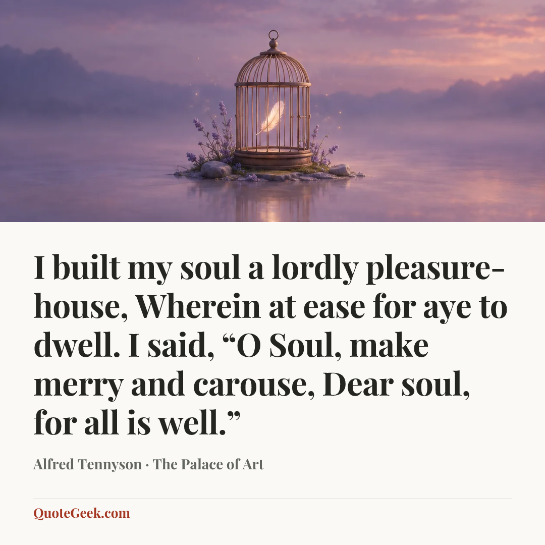 “I built my soul a lordly pleasure-house,
Wherein at ease for aye to dwell.
I said, “O Soul, make merry and carouse,
Dear soul, for all is well.”” — Alfred Tennyson · The Palace of Art. Illustrated QuoteGeek card.