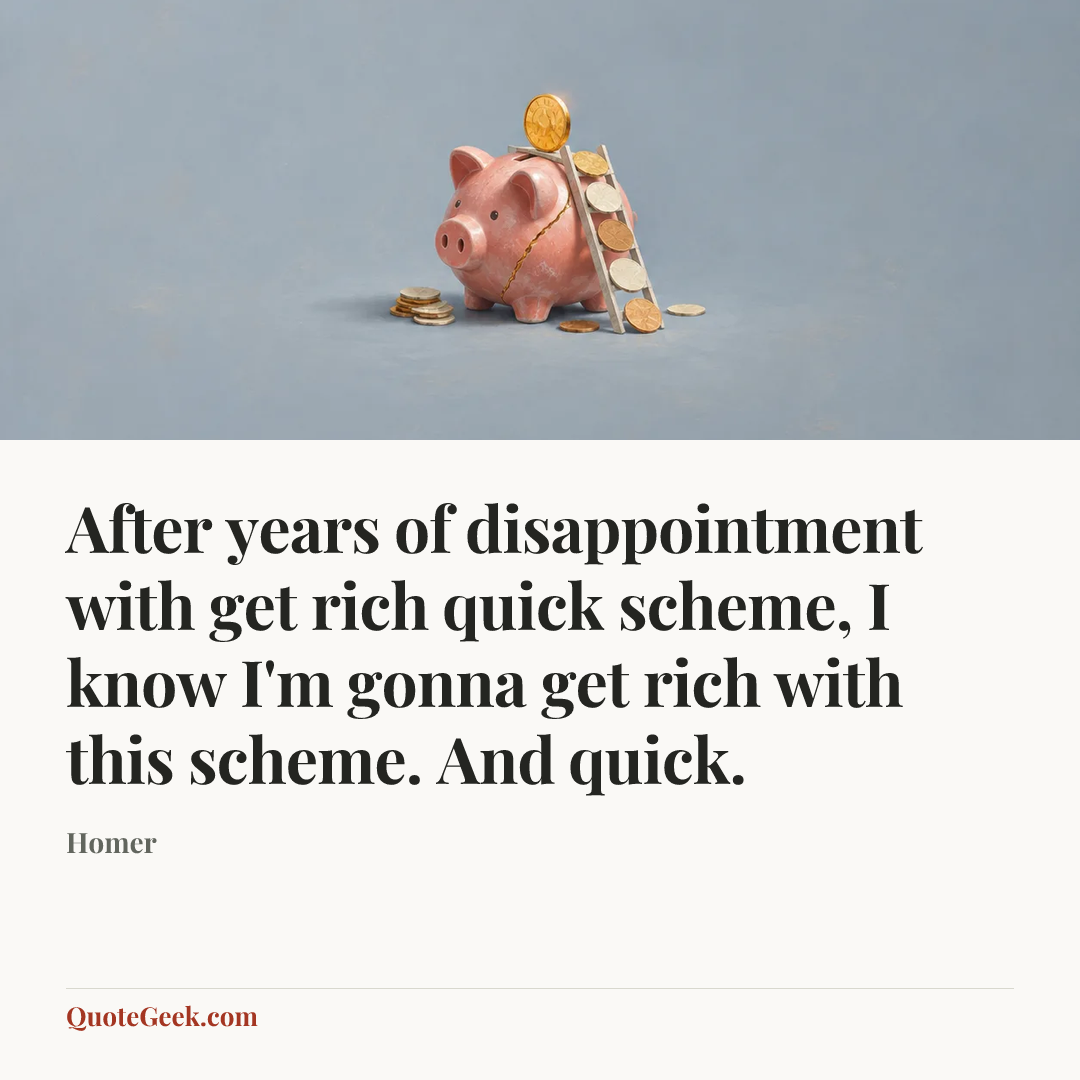 “After years of disappointment with get rich quick scheme, I know I'm gonna get rich with this scheme. And quick.” — Homer. Illustrated QuoteGeek card.