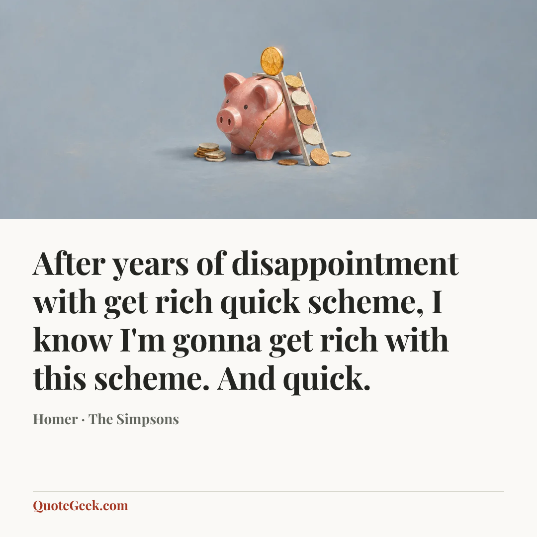 “After years of disappointment with get rich quick scheme, I know I'm gonna get rich with this scheme. And quick.” — Homer · The Simpsons. Illustrated QuoteGeek card.