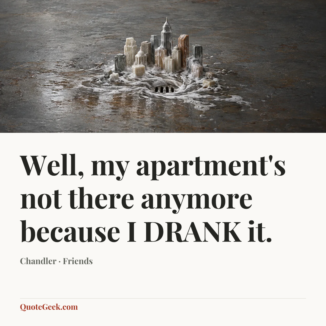 “Well, my apartment's not there anymore because I DRANK it.” — Chandler · Friends. Illustrated QuoteGeek card.