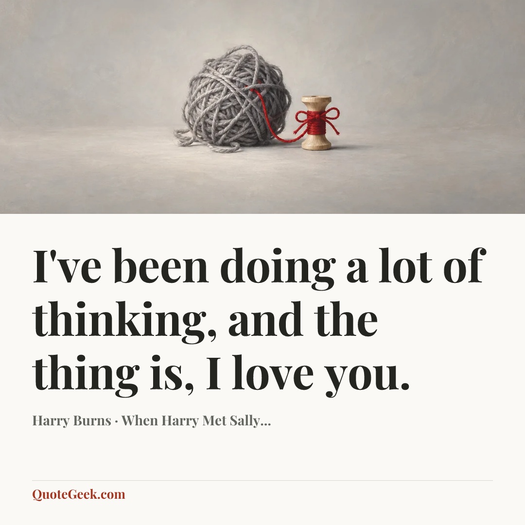 “I've been doing a lot of thinking, and the thing is, I love you.” — Harry Burns · When Harry Met Sally.... Illustrated QuoteGeek card.