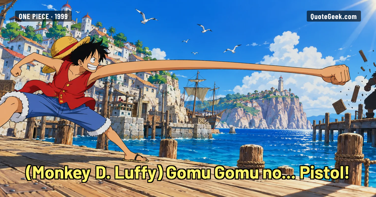 “Gomu Gomu no... Pistol!” — Monkey D. Luffy · One Piece. Illustrated QuoteGeek card.