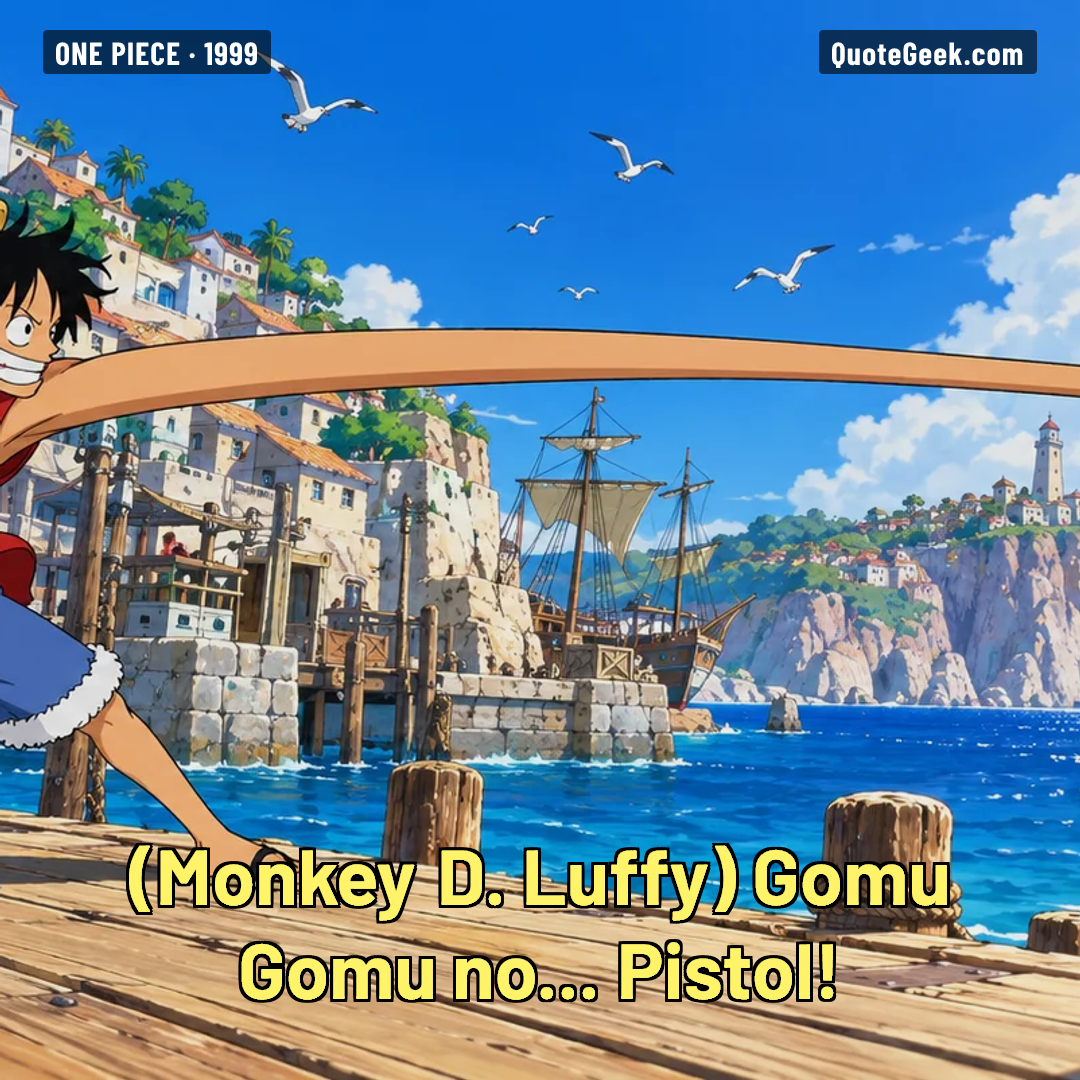 “Gomu Gomu no... Pistol!” — Monkey D. Luffy · One Piece. Illustrated QuoteGeek card.