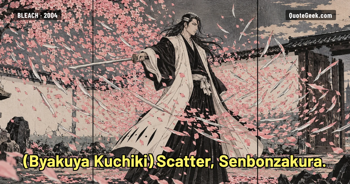 “Scatter, Senbonzakura.” — Byakuya Kuchiki · Bleach. Illustrated QuoteGeek card.